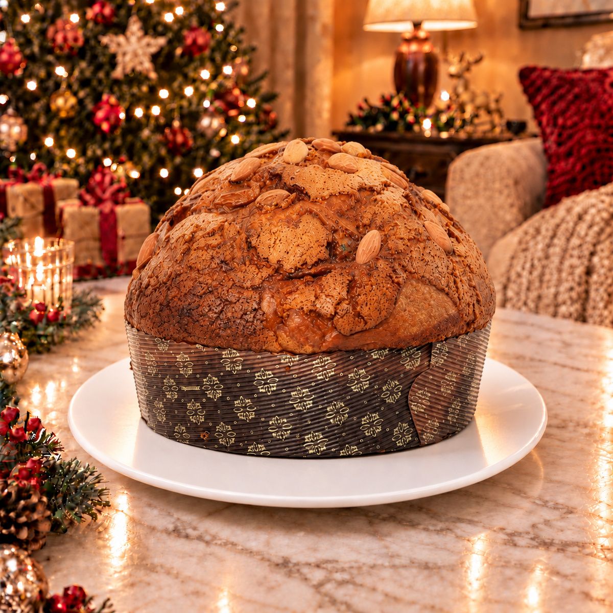 Panettone artigianale Mele e Cannella intero con glassa mandorlata, su piatto in un ambiente natalizio