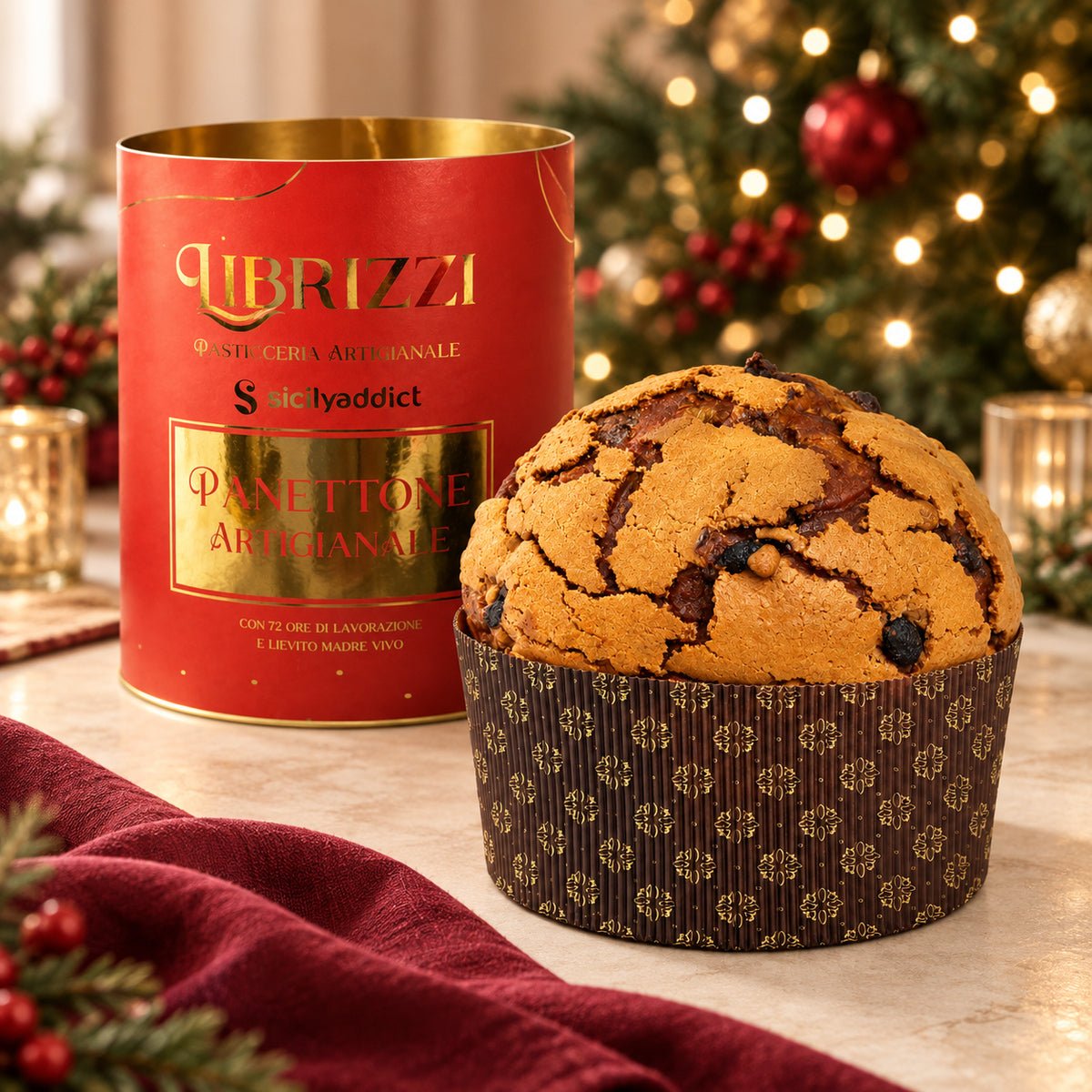 Panettone pistacchio e lamponi Librizzi Deluxe di SicilyAddict, intero con confezione rossa in ambiente natalizio
