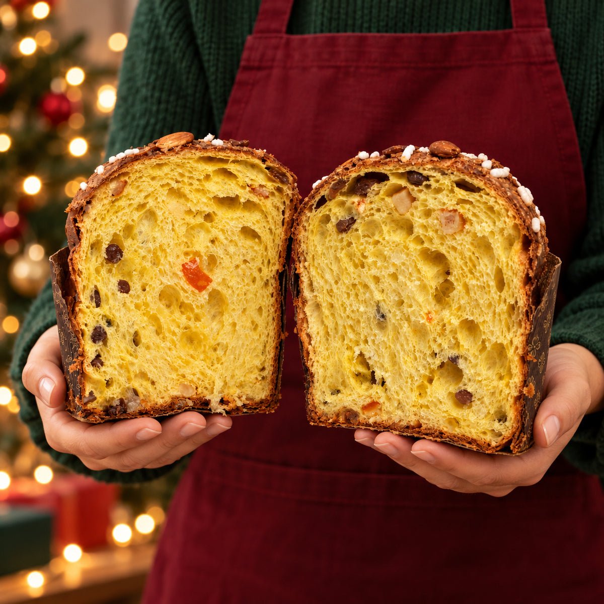 Panettone tradizionale Librizzi Deluxe di SicilyAddict, diviso a metà e tenuto tra le mani