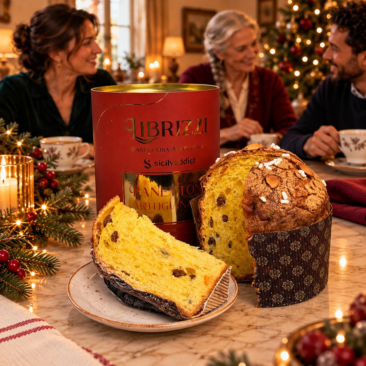 Panettone tradizionale Librizzi Deluxe di SicilyAddict, con confezione rossa su una tavola di famiglia